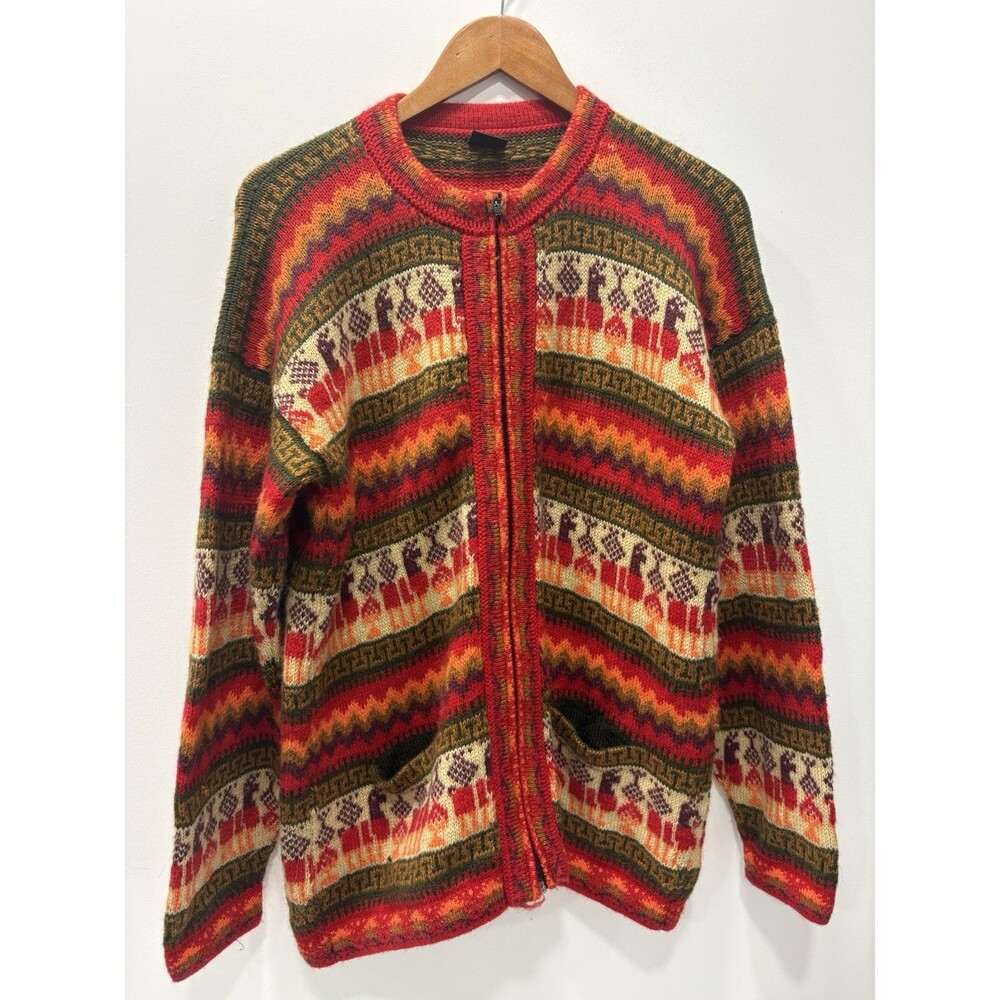 Los Ande VTG 90s 100% Alpaca Wool Cardigan Sweater Lama Novelty Print Colorful L